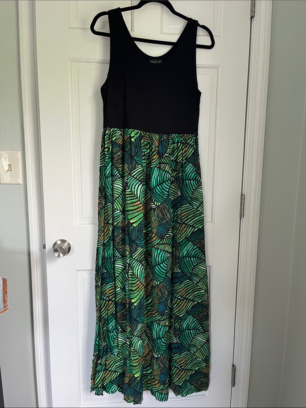 Rachel Zoe Black Bodice Maxi Dress with Green Leaf Print Skirt